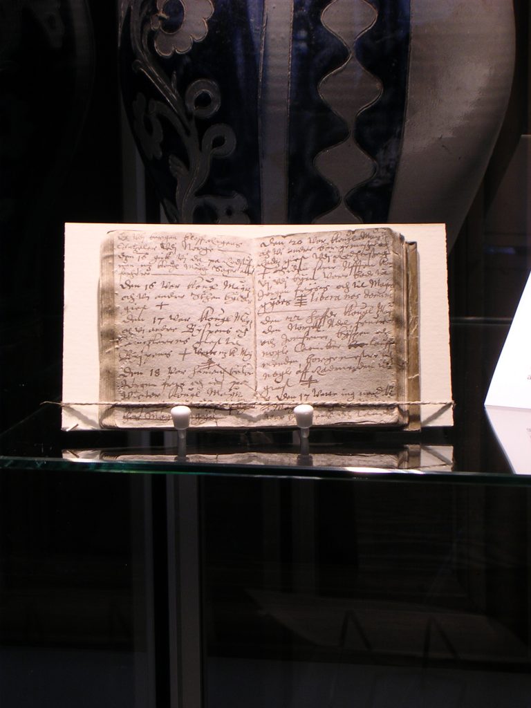 From the 1600s a number of diaries belonging to Eske Brock of Gammel Estrup have been kept. He used the diaries to keep track of his many travels, trading partners and other relationships. He also set a cross with up to four horizontal lines each time he had been at a drinking party to measure the 'size' of his drunkenness. Photo: Gammel Estrup - the Manor Museum